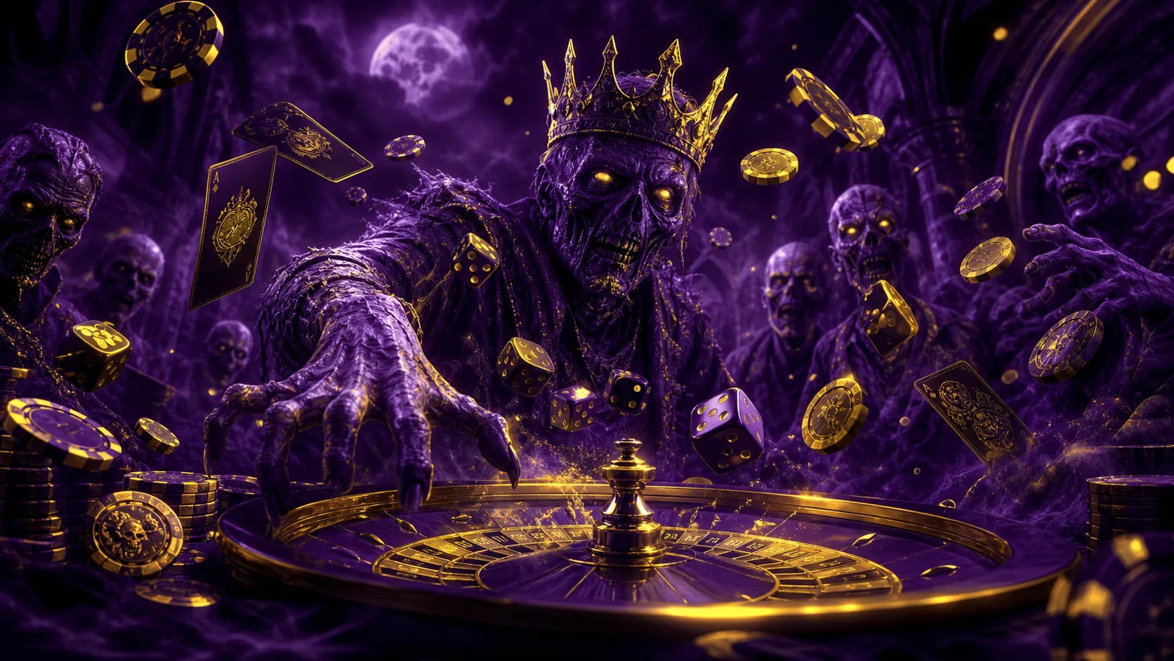 Zombillion-themed casino hero banner with floating glowing dice and eerie green light