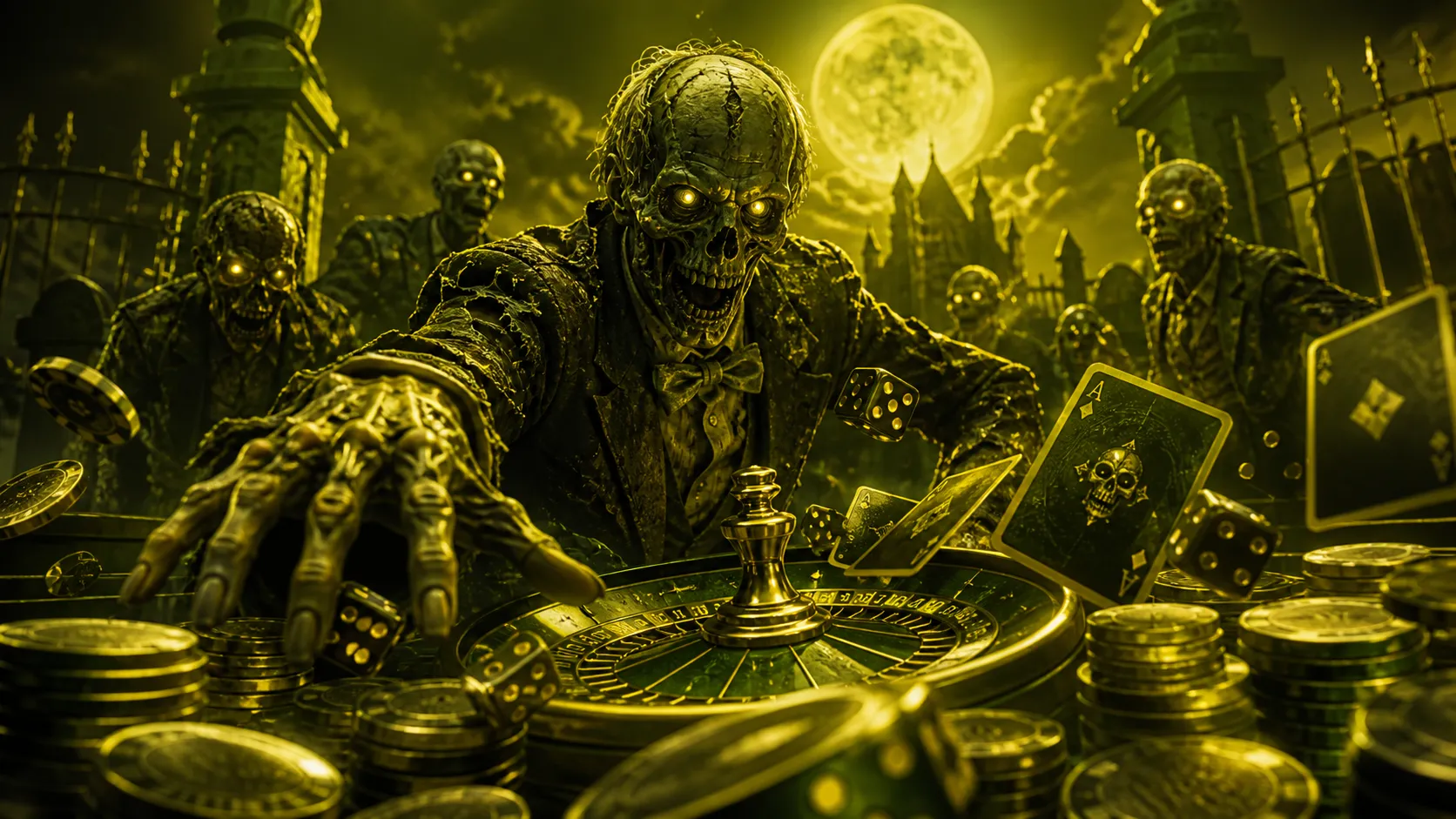 A luxurious casino hero banner featuring eerie green glows and zombie motifs in a dark, cinematic composition with premium ca